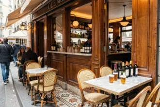 Vue d'ensemble d'une terrasse de bar animée à Lyon dans le département du Rhône