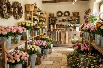 Intérieur d'une boutique de fleuriste artisanale en Ardèche avec des bouquets colorés et des fleurs fraîches