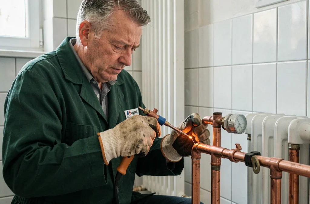 Chauffagiste de Mercier Chauffage Sanitaire sourdant des raccords en cuivre dans une salle de bain à Annecy