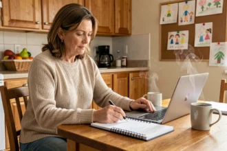Mère de famille organisée planifiant sa journée selon un horaire décalé dans une cuisine familiale chaleureuse