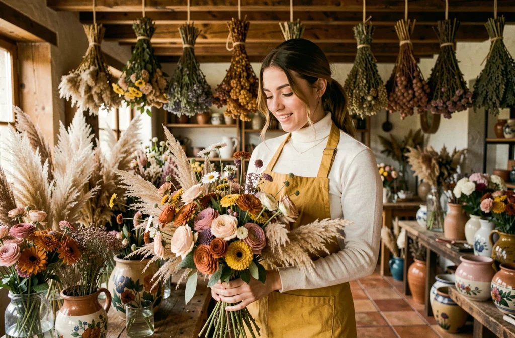 Fleuriste de Mille et Une Fleurs aux Vans assemblant un bouquet champêtre avec des herbes de pampa