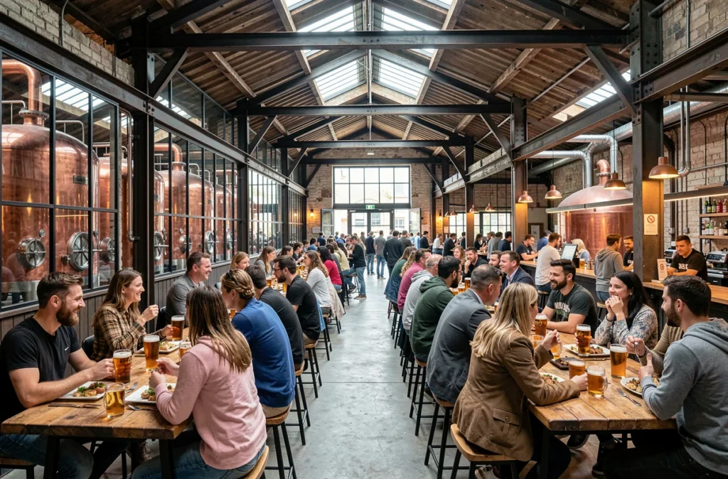 Vaste espace brasserie industrielle du Ninkasi Gerland à Lyon avec cuves de fermentation en cuivre