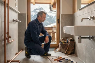 Plombier professionnel en intervention dans un appartement d'Annecy avec vue sur les montagnes alpines
