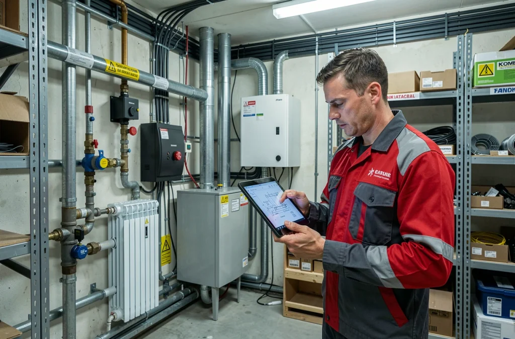 Technicien de Promultys SARL consultant des plans sur tablette dans un local technique résidentiel