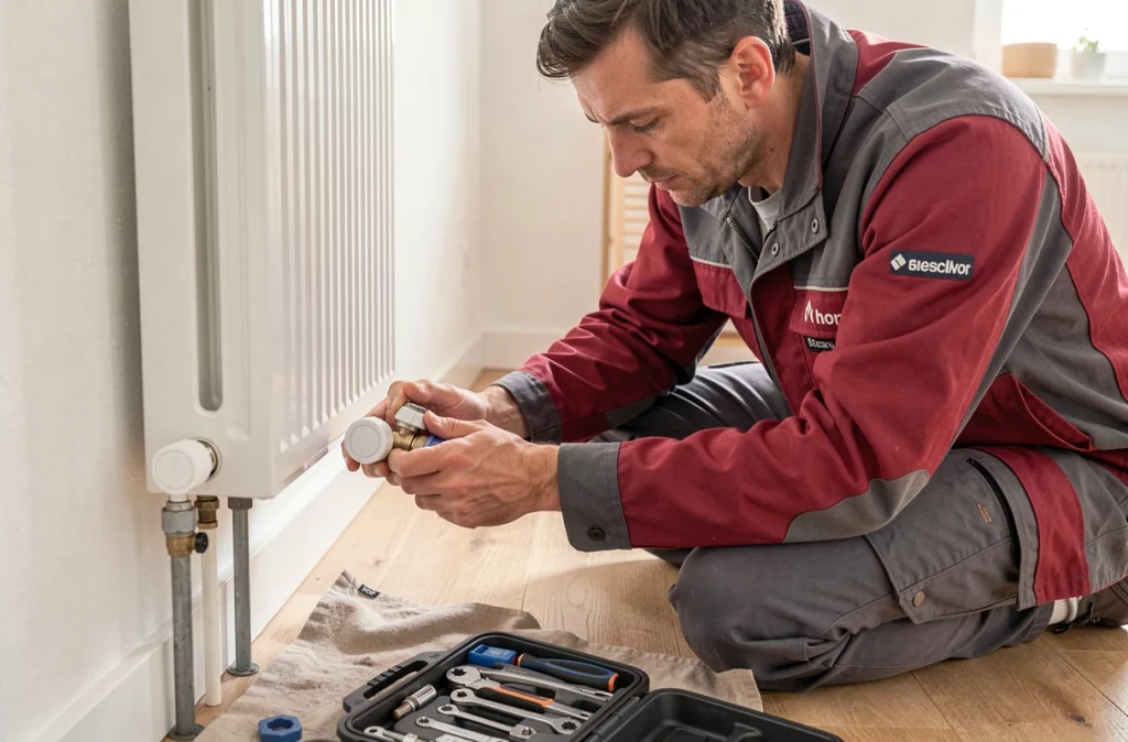 Plombier de Rhône-Alpes Plomberie installant un robinet thermostatique dans un appartement contemporain à Annecy