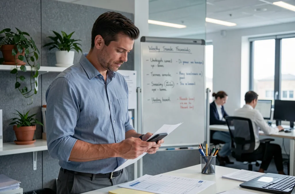 Salarié en open space consultant son planning adapté à l'horaire 378 depuis son bureau debout