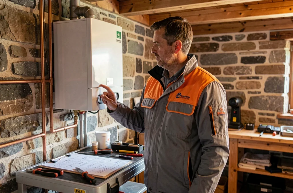 Technicien de Savoie Plomberie Chauffage SARL inspectant une chaudière dans un chalet savoyard
