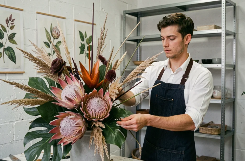 Fleuriste créatif de Vert Tige à Annonay réalisant une composition florale artistique
