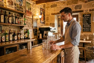 Intérieur authentique d'un bar en Auvergne-Rhône-Alpes avec comptoir en bois et bières artisanales locales