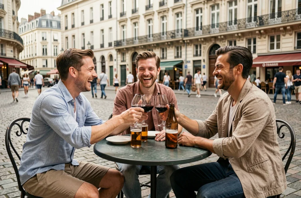 Terrasse animée d'un bar à Lyon avec des amis dégustant des boissons locales en Auvergne-Rhône-Alpes